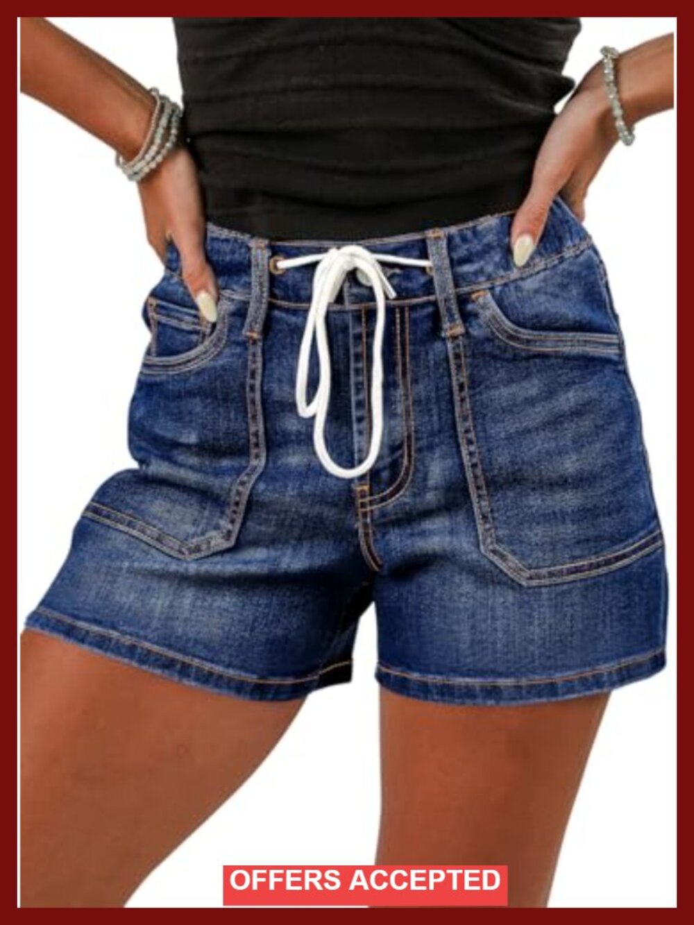 High Waisted Drawstring Jean Shorts with Pockets
